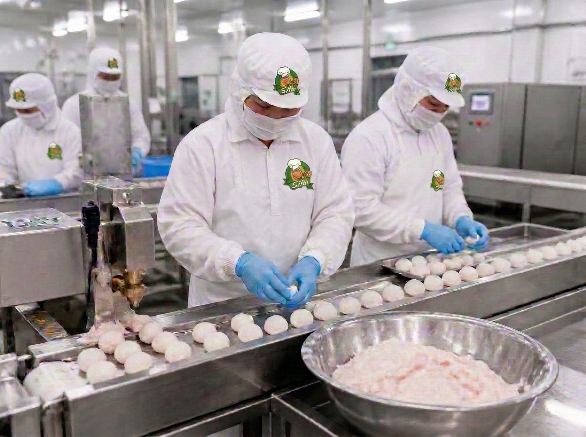 Workers producing fish balls inside the Seafood Valley factory